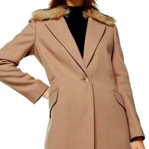Topshop Faux Fur Collar Pea Coat 8 Tan Classic Fall Winter Minimalistic
